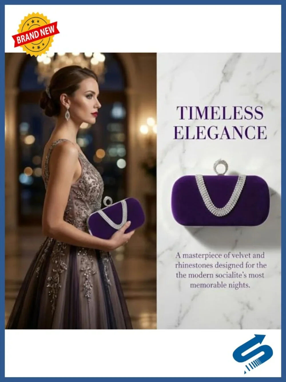 Rhinestone U Shaped Evening Clutch Bag with Removable Chain